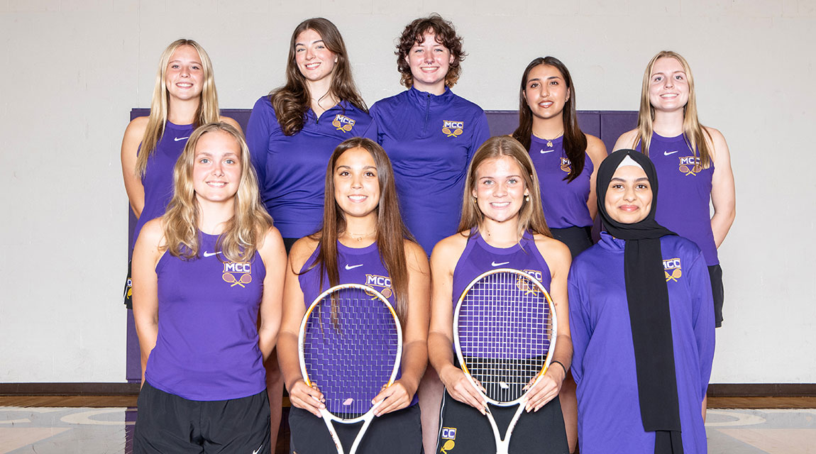 2023-24 Women's Tennis Team. Five players in uniform stand in a row, four players kneel in front of them.