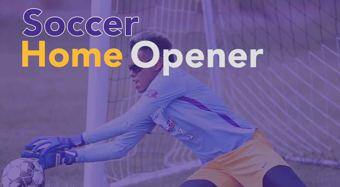 An MCC soccer goalie is positioned in the goal as he reaches for a soccer ball. The text over the image says "Soccer Home Opener."